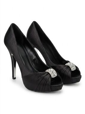 DEB BLACK SATIN OPEN TOE HIGH HEELS SIZE 9